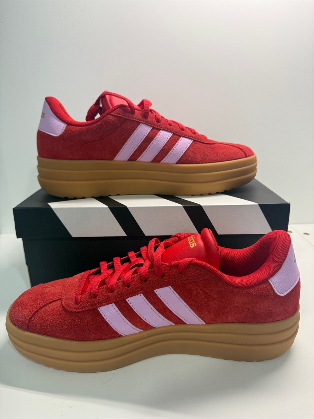 adidas Woman’s Red Suede Platform Sneakers with Pink Stripes. Size 9.5 - Picture 2 of 9